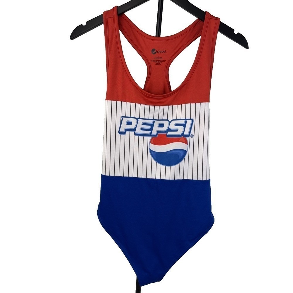 Pepsi One Piece Swimsuit Women Large Blue Red White Pinstripe Racerback Logo - Picture 9 of 11